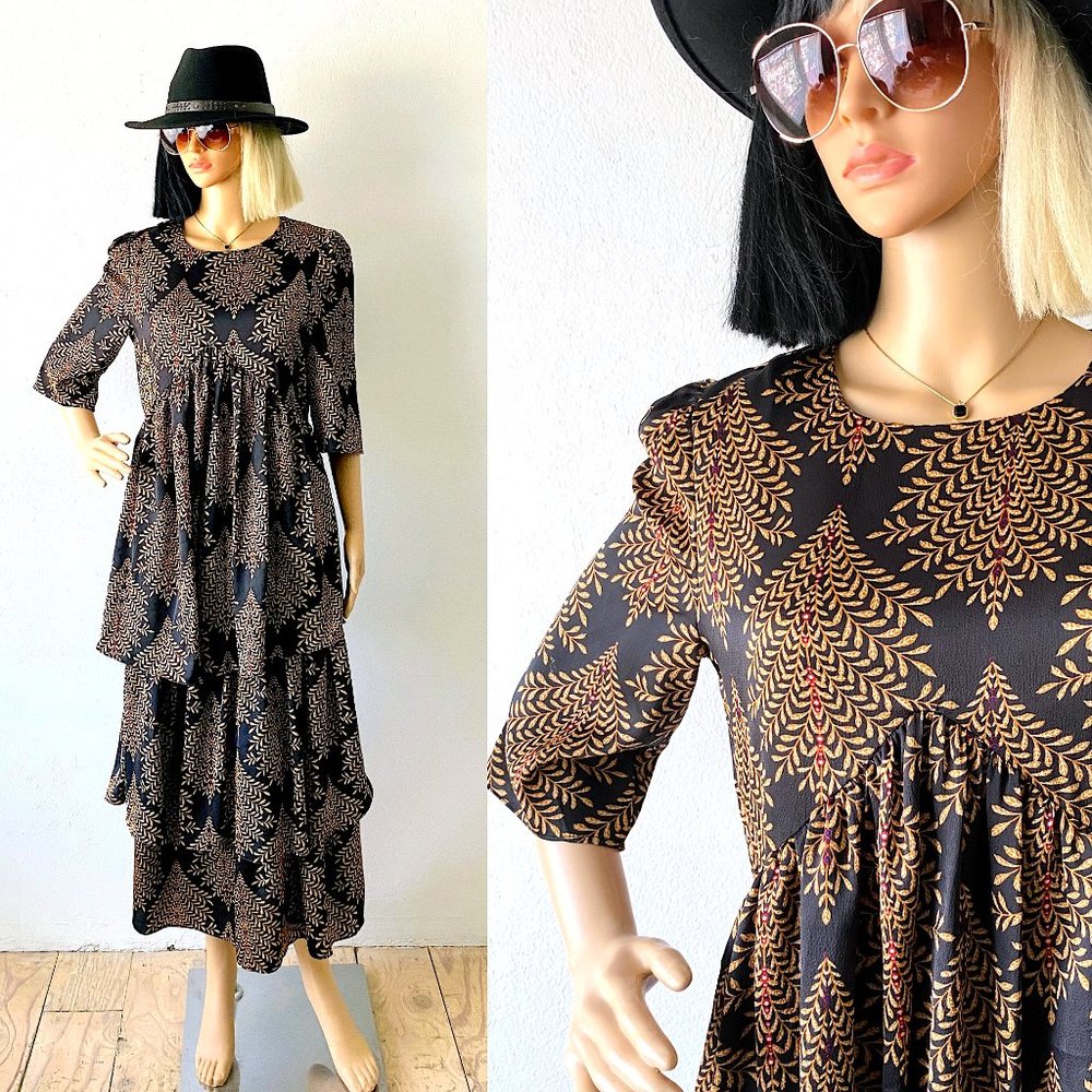 Tiered Black Dress | Ruffled Skirt Dress | Bohemian Dress | Botanical Dress Sz 6